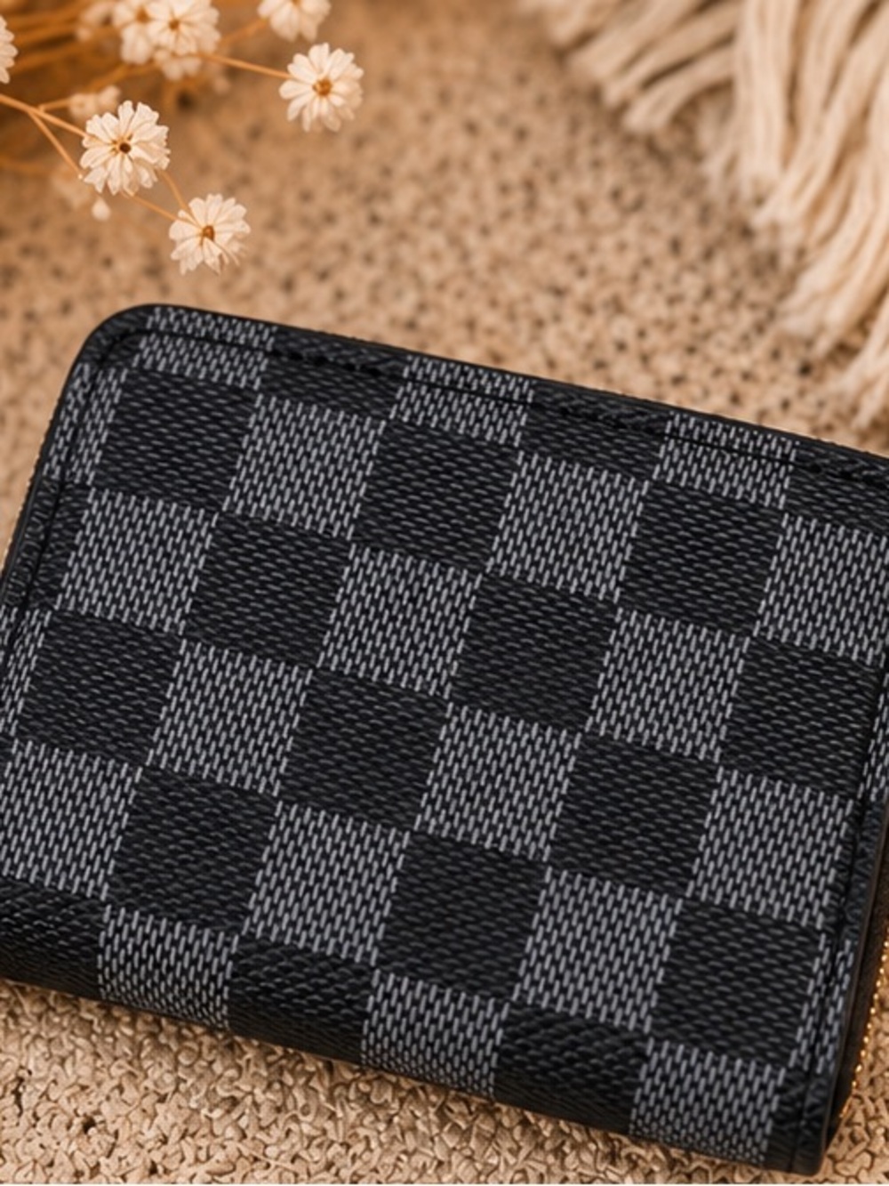 🩶🖤 Gray & Black Checker Zip Around Wallet Designer Inspired